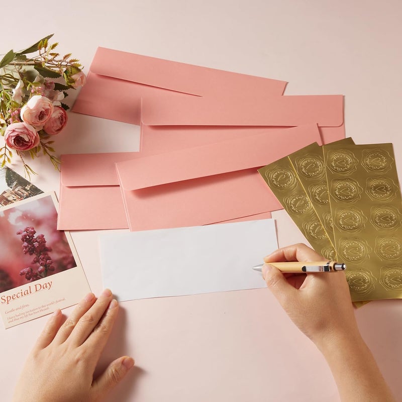 Wishop 50 Pack Shiny #10 Business Envelopes Self Seal Standard Envelopes with Gold Stickers for Office Checks, Business Cards, Letter Mailing Invoices, 4.13 x 9.49 Inches (Pink) - Image 4